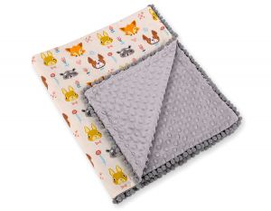 Double-sided blanket minky with pompons - cream animals